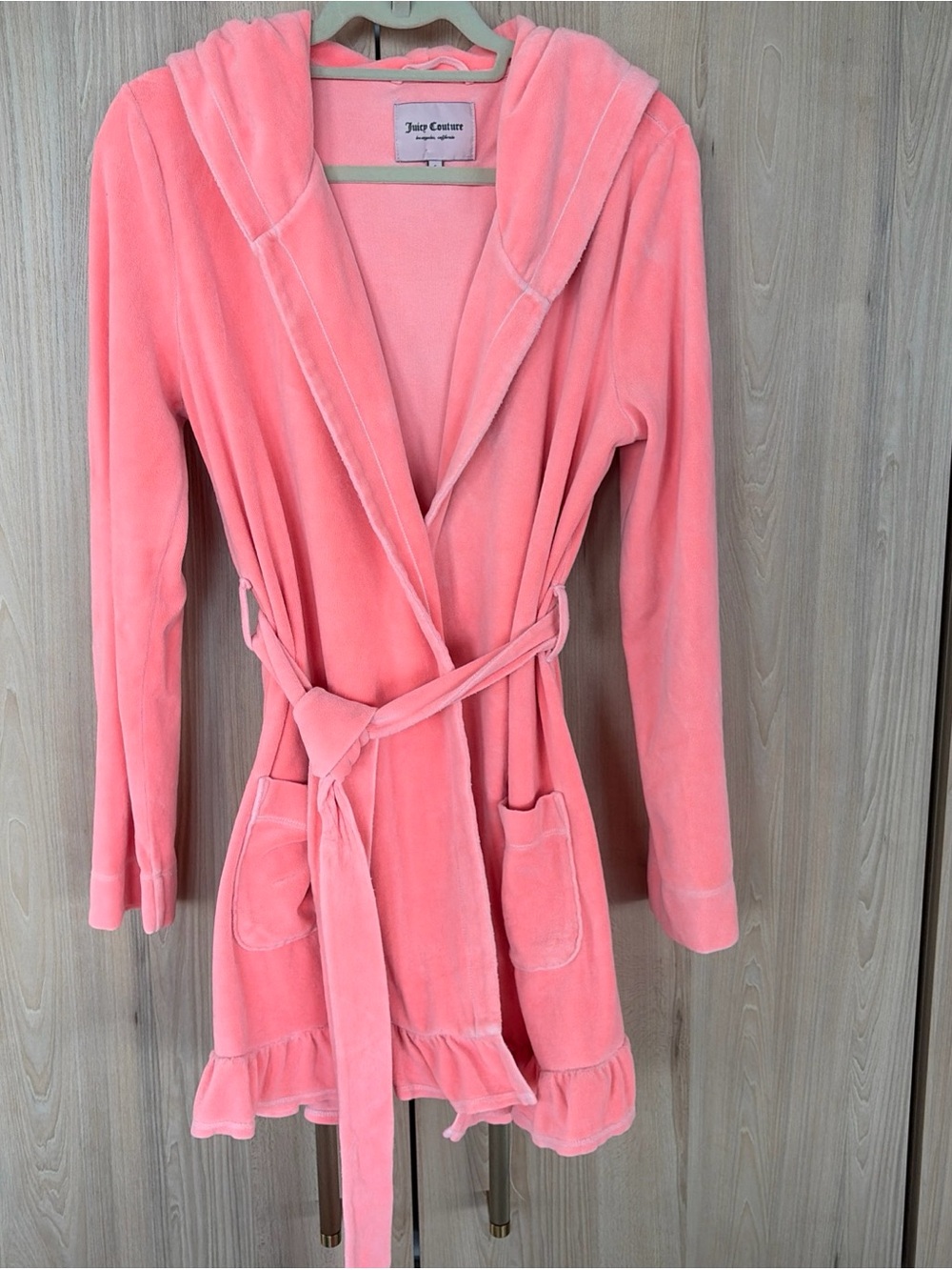 Juicy Couture Y2K Womens S Peach Velour Hooded Robe Ruffle Trim Belted 2000s